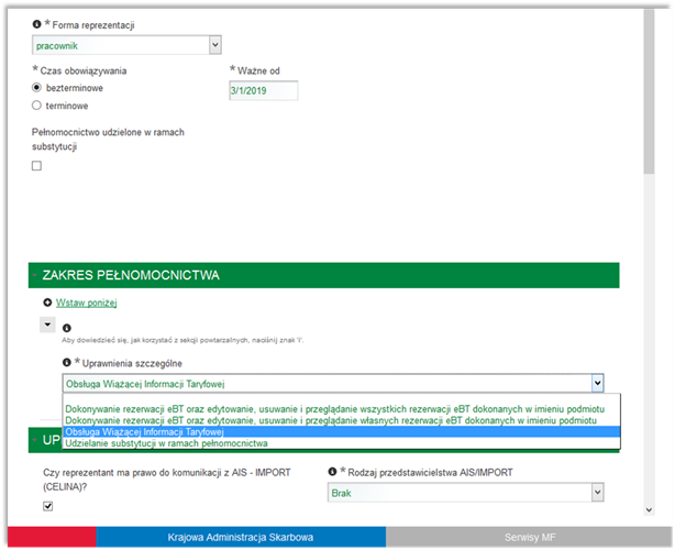 Grafika przedstawiająca widok formularza z uprawnieniami szczególnymi do WIT