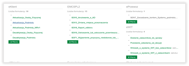 Widok witryny PUESC z opcją do wyboru formularzy w sekcji eWIT