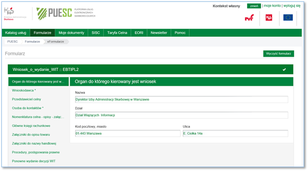Widok formularza wniosku o WIT z załącznikami