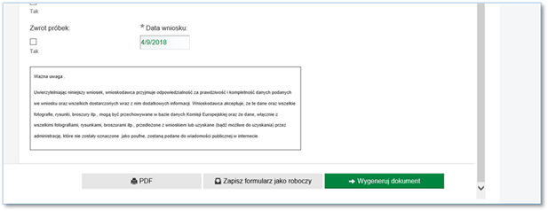 Widok formularza wniosku o WIT z przyciskiem Wygeneruj dokument