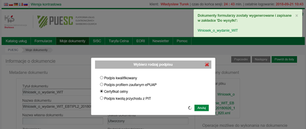 Widok formularza wniosku o WIT z opcjami rodzaju podpisu