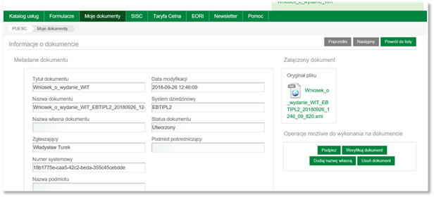 Widok formularza wniosku o WIT z przyciskiem Podpisz