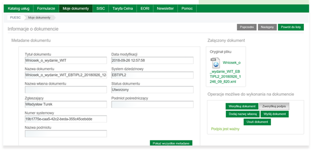  Widok formularza wniosku o WIT z opcją do wysyłki <Wyślij dokument>