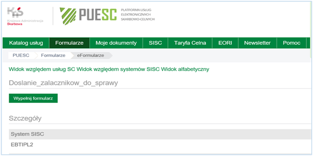 Widok formularza służącego do dosyłania dokumentów