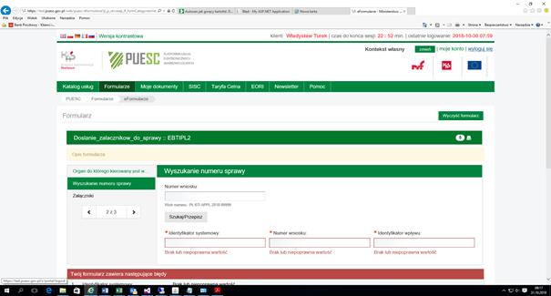 Widok sekcji Wyszukanie numeru sprawy  w formularzu Doslanie_zalaczników_do_sprawy