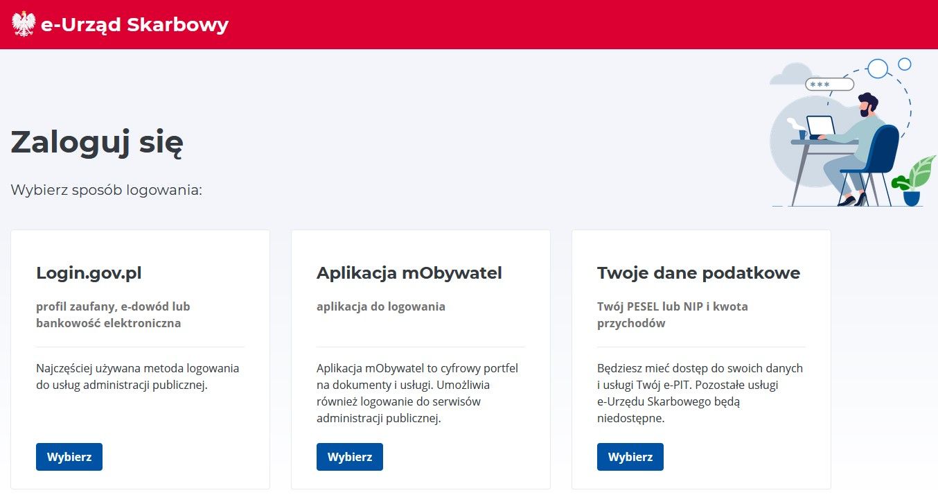 grafika przedstawiająca wybór sposobu logowania do e-urzad skarbowy