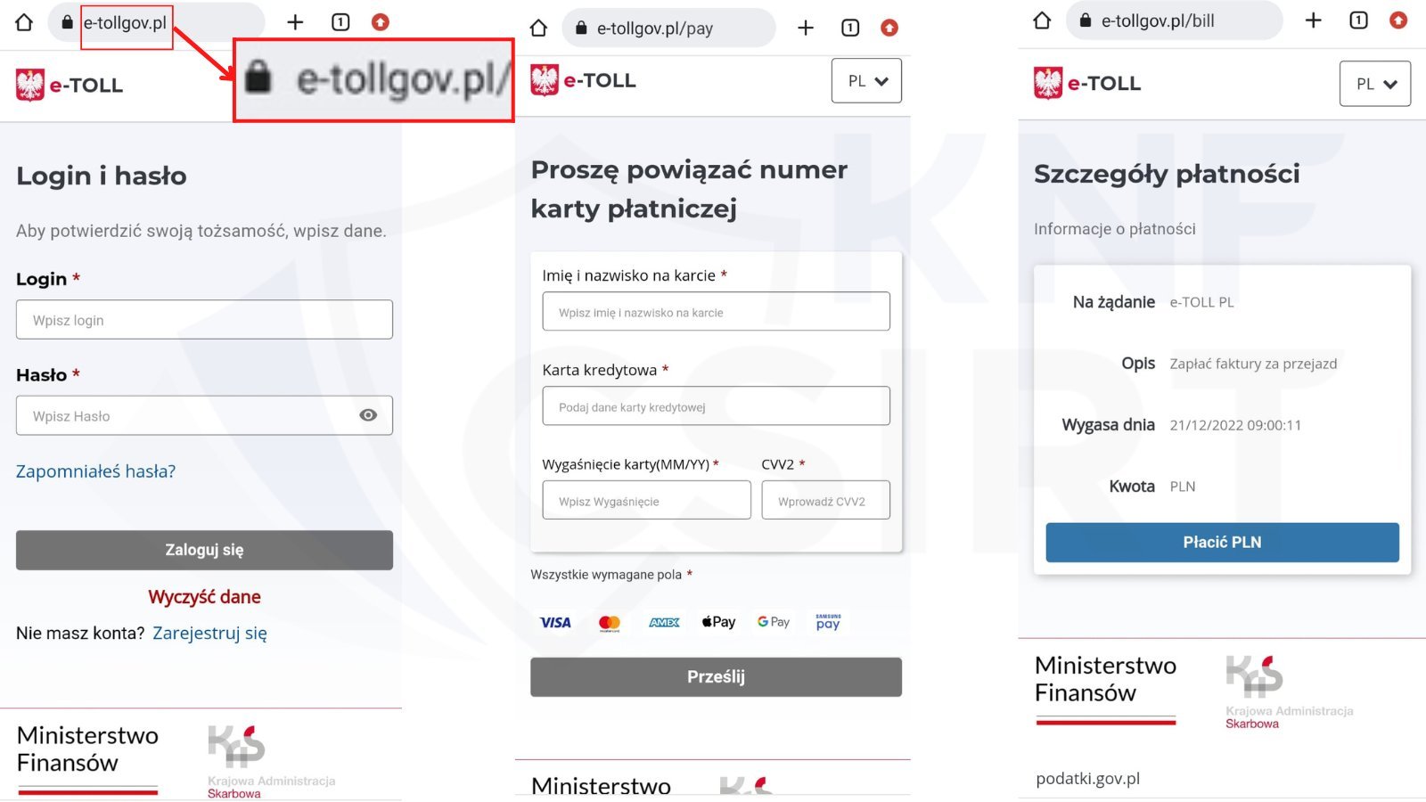 widok fałszywej strony e-TOLL