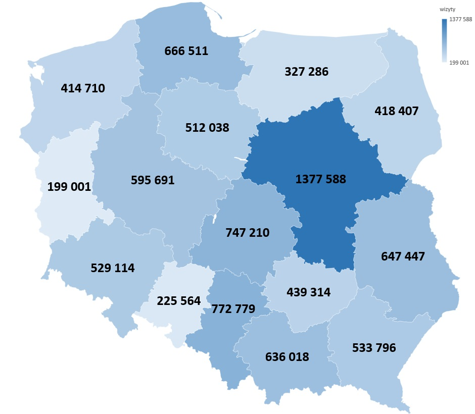 mapa z liczbami wizyt w poszczególnych województwach