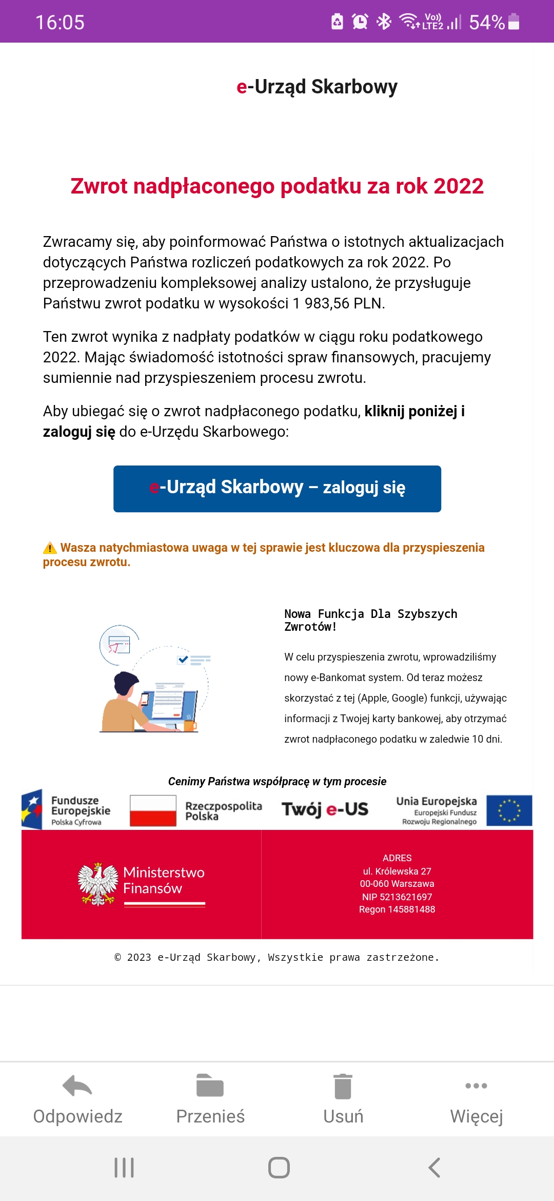 Fałszywa wiadomość dotycząca nadpłaty podatku