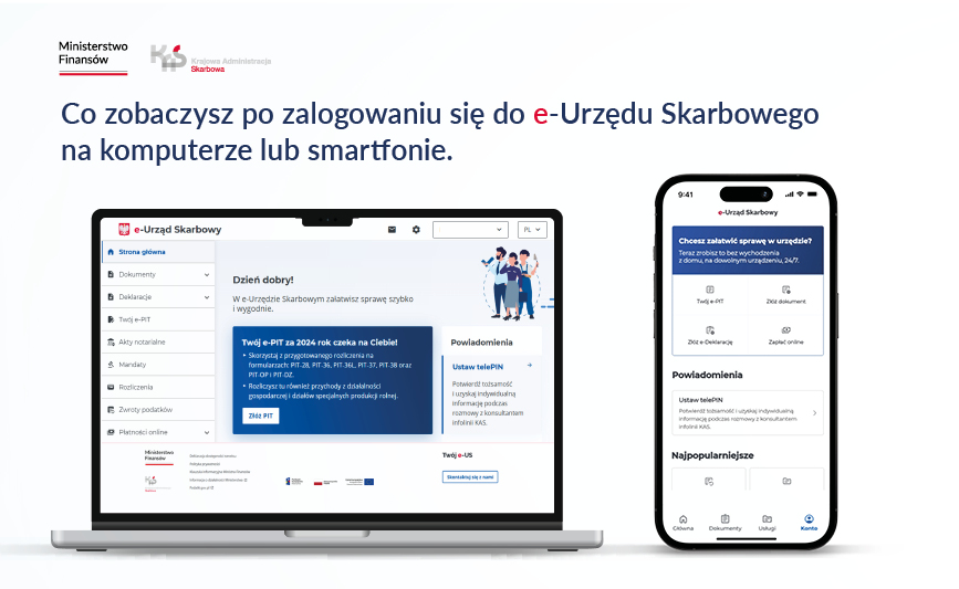 grafika przedstawiająca logowanie do e-urzędu skarbowego. Napis co zobaczysz po zalogowaniu się do e-US na komputerze lub smartfonie