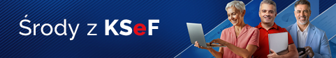  grafika z napisem Środy z KSeF trzy uśmiehnięte osoby: kobieta z laptopem, mężczyzna z teczką i mężczyzna z telefonem