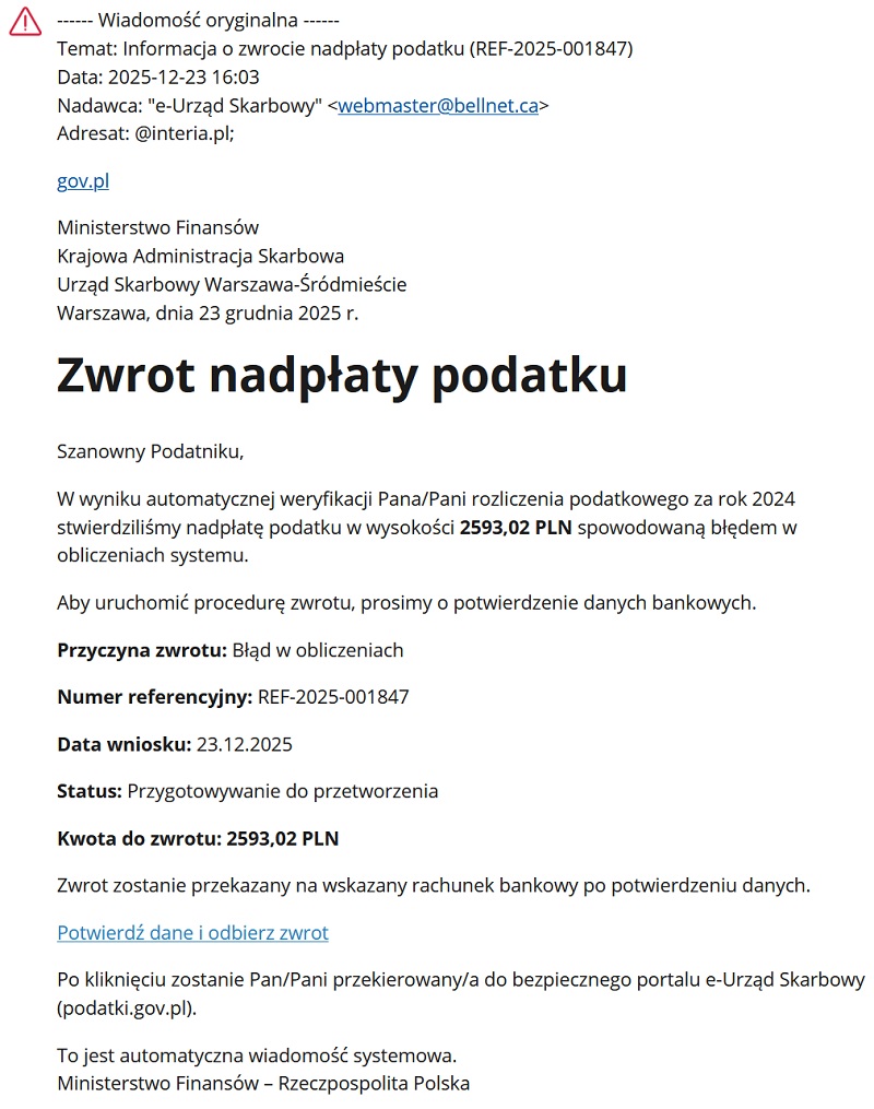 treść fałszywego mejla informującego o zwrocie podatku PTI