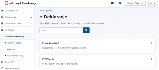 Obraz przedstawiający stronę internetową e-Urząd Skarbowy, po środku zaznaczone w ramce i wpisane w wyszukiwarce KSEF