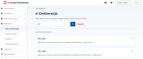 Obraz przedstawiający stronę internetową e-Urząd Skarbowy, po po środku zaznaczone w ramce wybierz zgłoszenie ZGL_ZAL
