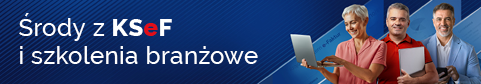 grafika z napisem Środy z KSeF i szkolenia branżowe, troje uśmiechnietych osób, kobieta z laptopem, mężczyzna z dokumnetami pod ręką, mężczyzna ze smartfonem