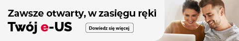 grafika z napisem Zawsze otwarty, w zasięgu ręki Twój e-US, dwie uśmiechnięte osoby przy laptopie