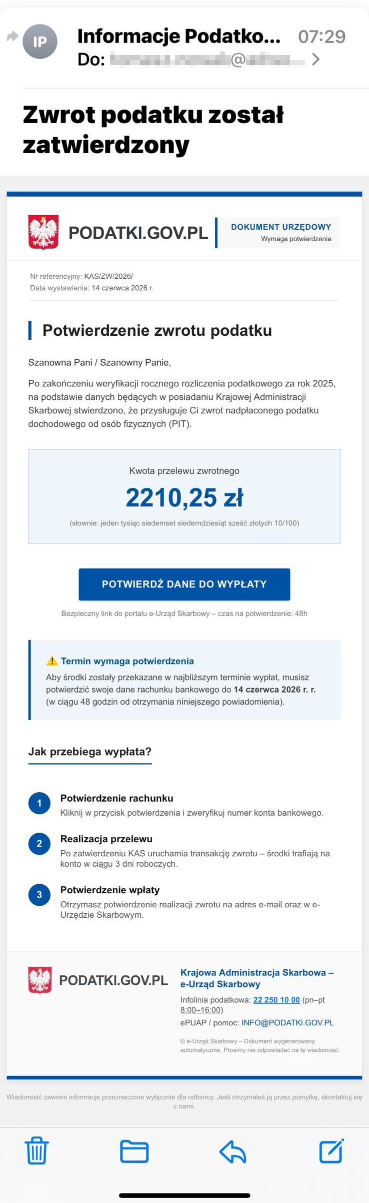 Zrzut ekranu wiadomości e mail zatytułowanej „Zwrot podatku został zatwierdzony