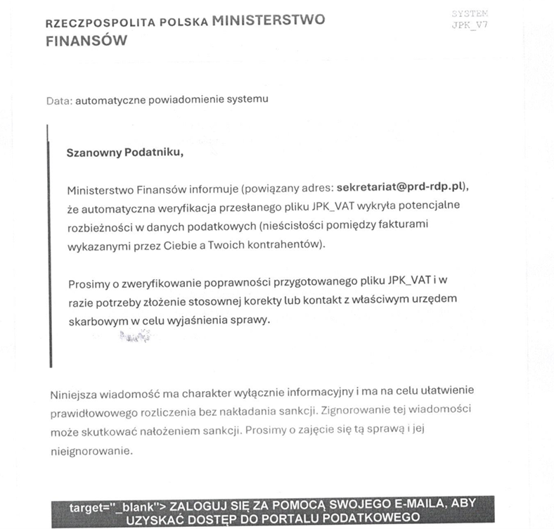 Grafika przedstawia przykład fałszywej wiadomości phishingowej podszywającej się pod Ministerstwo Finansów, której celem jest nakłonienie odbiorcy do kliknięcia odsyłacza i przekazania danych logowania.