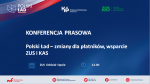 Napis Konferencja prasowa: Polski Ład-zmiany dla płatników, wsparcie ZUS i KAS oraz logotypy Polski Ład, KAS i ZUS