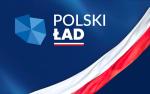 Napis Polski Ład i grafika przedstawiająca kontury granic i flagę RP