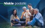 grafika z napisem Niskie podatki oraz zdjęciem rodziny dwóch mężczyzn, dwie kobiety i dwoje dzieci