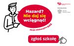 Postać, która mówi „Hazard, nie daj się wciągnąć. Akcja edukacyjna KAS. Dłoń naciska guzik z napisem