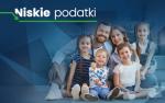 Napis Niskie podatki i zdjęcie kobiety, mężczyzny i 4 dzieci