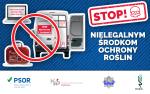 Napis: stop nielegalnym środkom ochrony roślin! grafika: samochód dostawczy,karnister i komputer