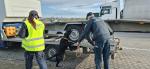 dwóch funkcjonariuszy i pies służbowy kontrolują samochód ciężarowy