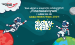 Plakat programu finansoaktywni. Rysunek przedstawia dwóch astronautów lub astronautek w na tle planet lub księżycy. Napisy na obrazku to finansoaktywni. misja: podatki płacimy korzyści widzimy. weź udział w programie finansoaktywni i włącz się do global money week 2024! global money week