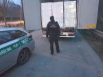 Funkcjonariusz opolskiej Krajowej Administracji Skarbowej (KAS) stoi przed naczepą samochodu ciężarowego i ogląda towar. Obok samochód służbowy KAS.
