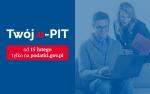 Baner promujący akcję Twój e-PIT.Napis Twój e-PIT.Od 15 lutego tylko na podatki.gov.pl oraz zdjęcie kobiety i mężczyzny pochylonych nad monitorem komputera