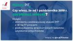 Informacja o Niższym PIT o treści:
Czy wiesz, że od 1 października 2019 r. zarabiasz więcej?
Dzięki obniżeniu podstawowej stawki PIT z 18 na 17 procent i podwyższeniu pracowniczych kosztów uzyskania przychodów. Wiencej na gov.pl/finanse